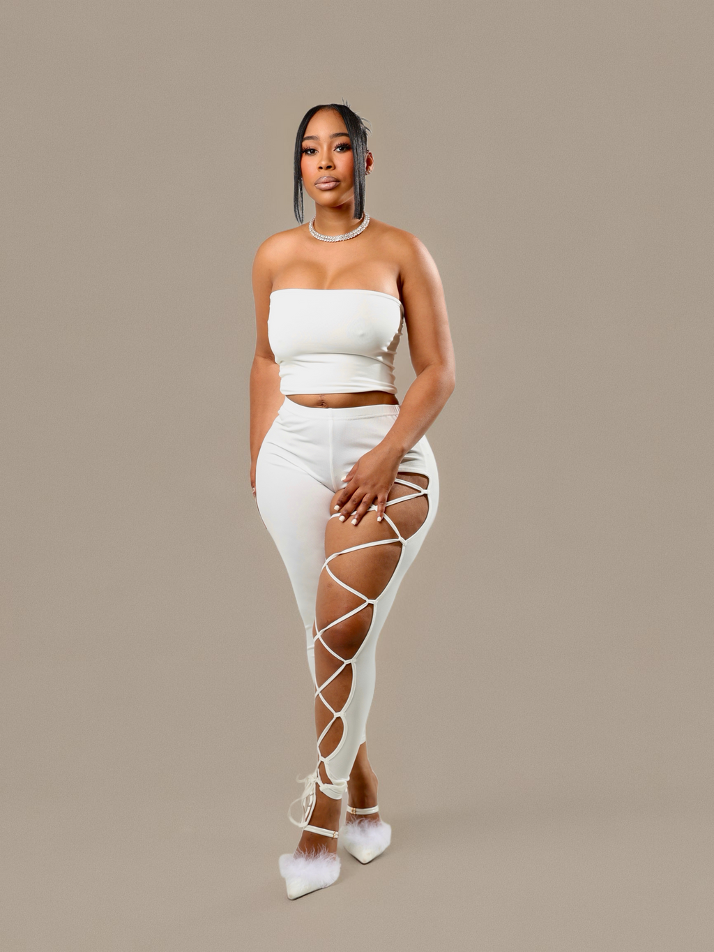 White LaceUp Cutout Pants & Tube Top Set