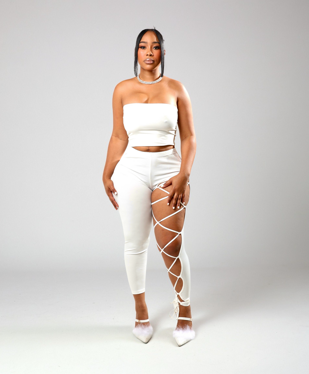 White LaceUp Cutout Pants & Tube Top Set