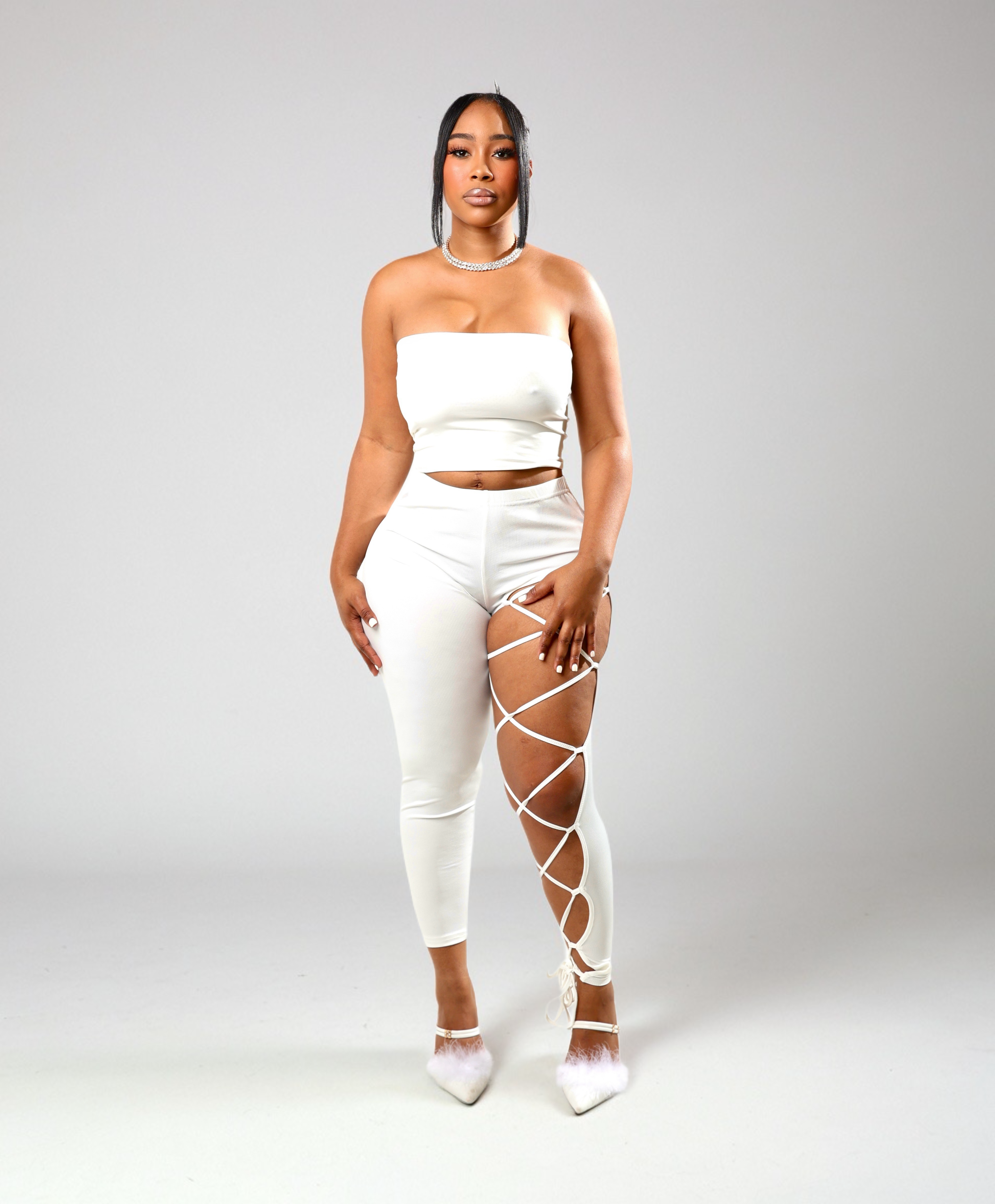 White LaceUp Cutout Pants & Tube Top Set