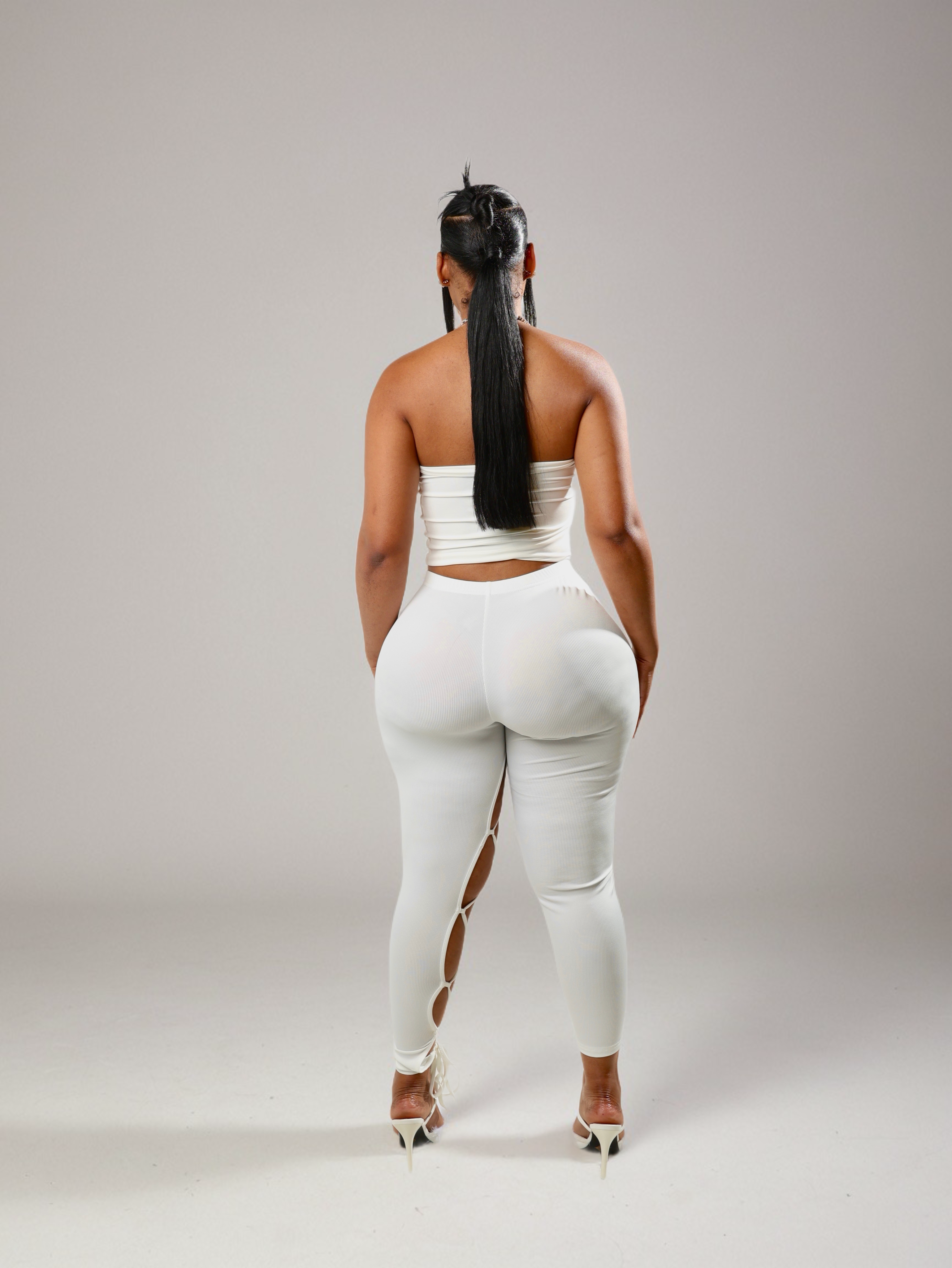White LaceUp Cutout Pants & Tube Top Set